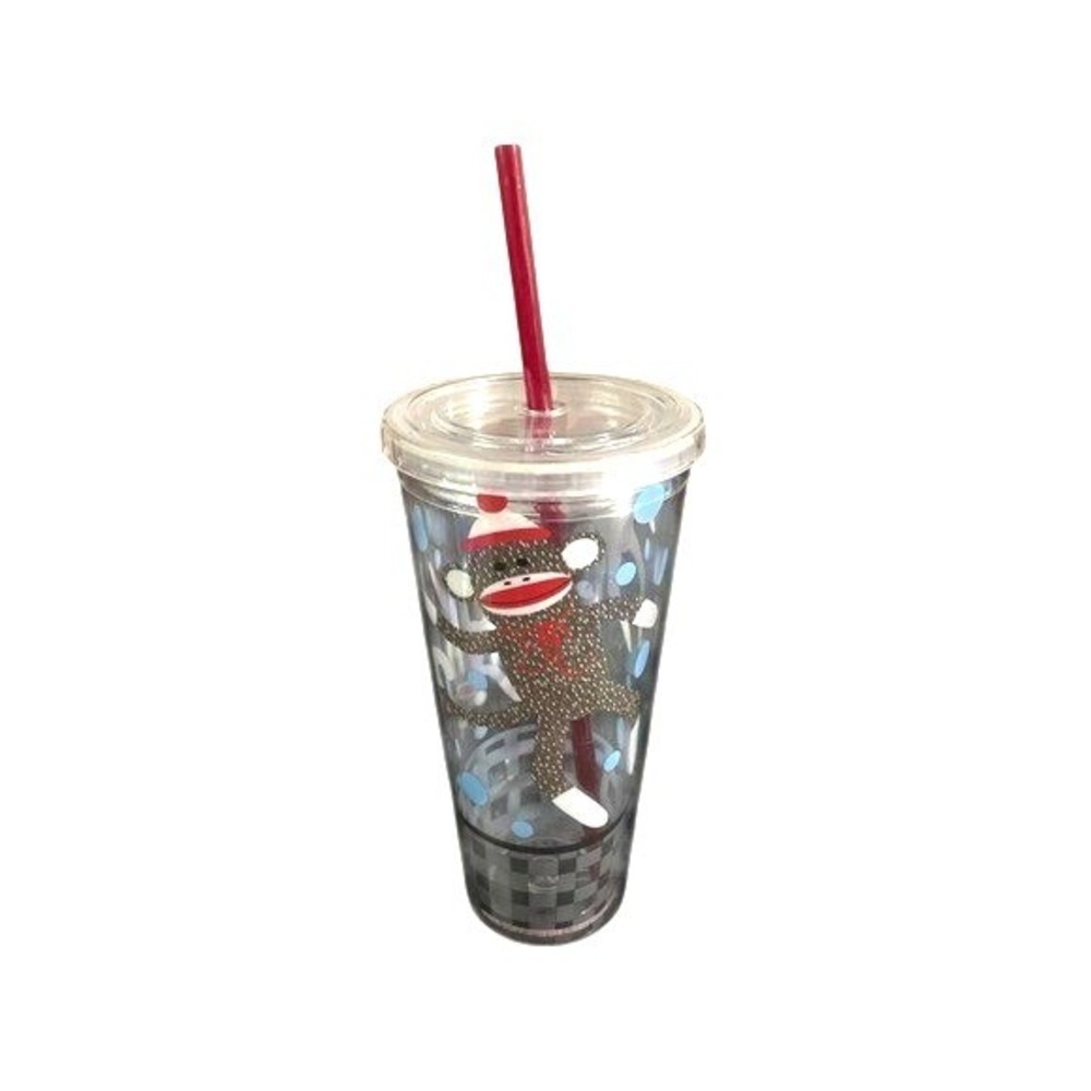 Sock Monkey Acrylic Double Wall‎ Tumbler with Lid and Straw